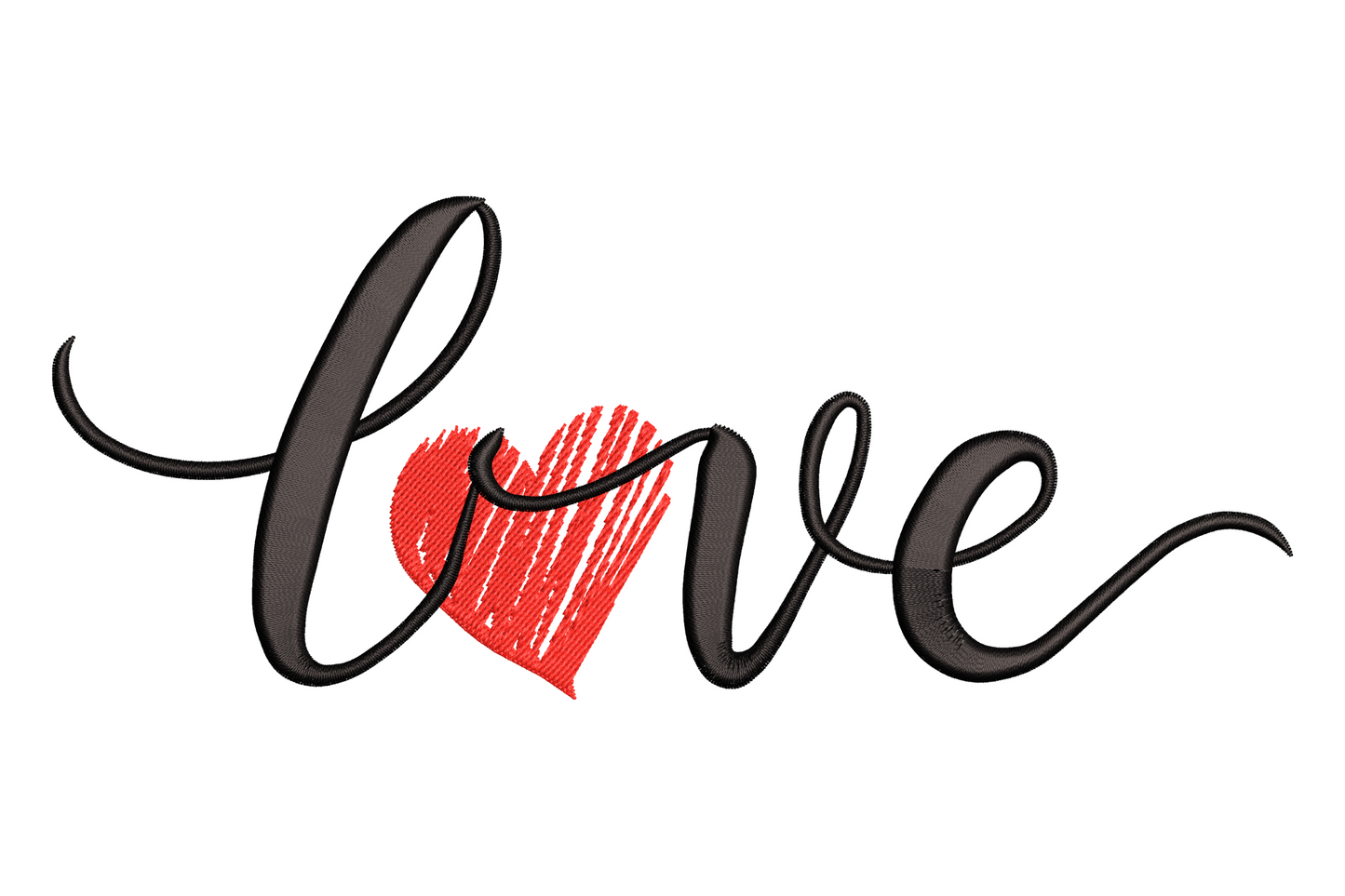 Love script heart Valentine embroidery design with cream flowing cursive lettering and a scarlet hand-drawn heart on a red canvas background