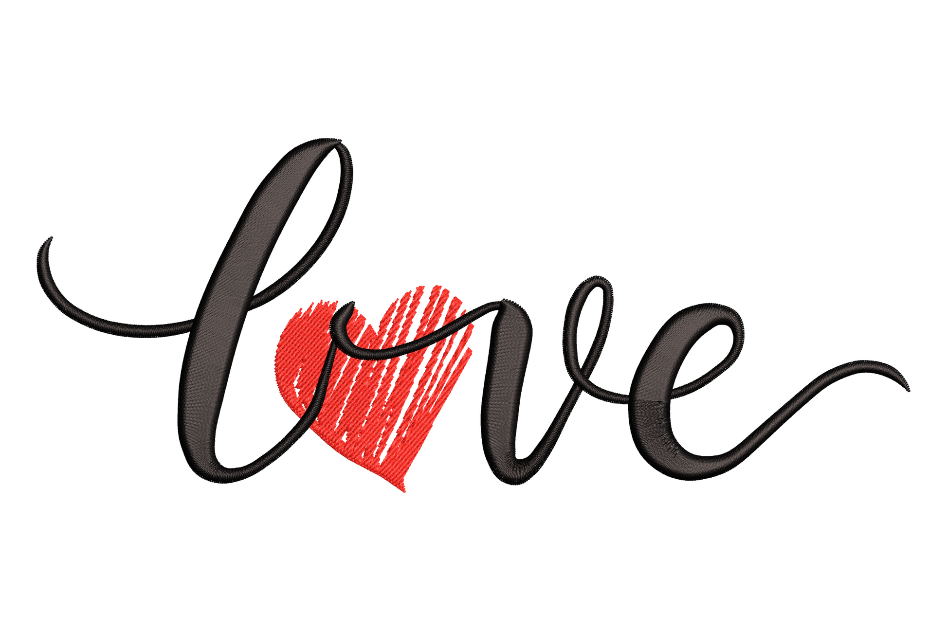 Love script heart Valentine embroidery design with cream flowing cursive lettering and a scarlet hand-drawn heart on a red canvas background