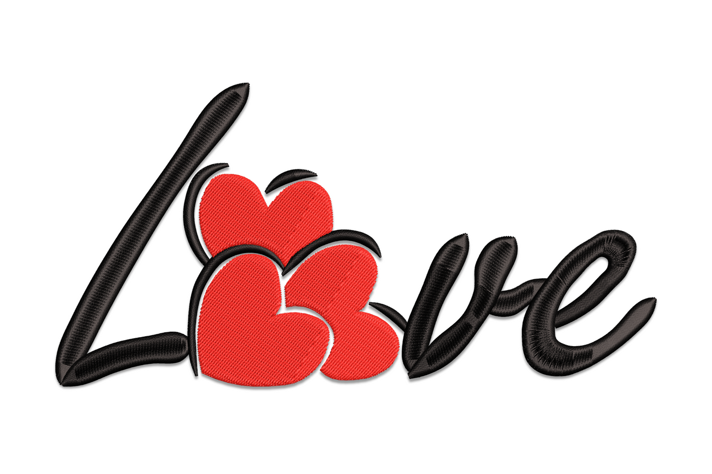 Love cursive script with scattered hearts embroidery in 2 colours, flowing hand-lettered style, 5 sizes from 1.78 to 3.81 inches wide