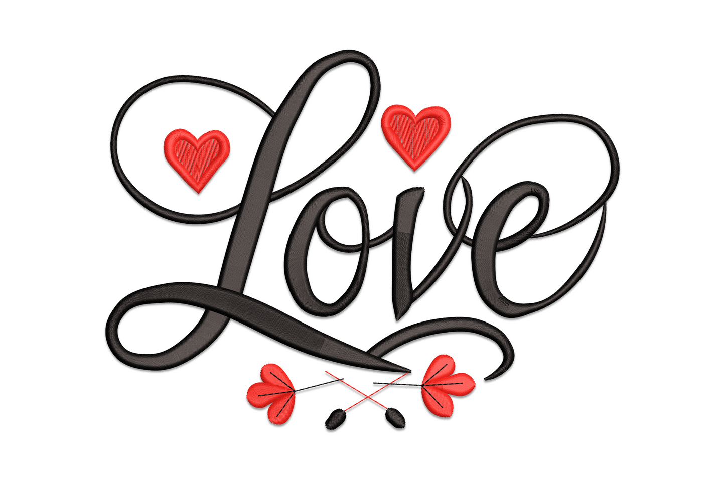 Love word in flowing cursive script with scattered hearts in red and deep red floating around the lettering on white fabric