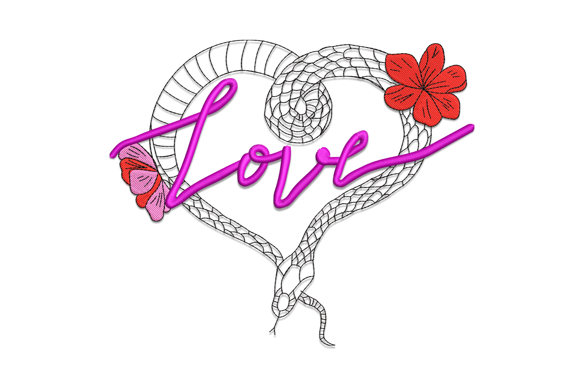 Love snake heart embroidery design showing a grey-scaled snake coiled into a heart with magenta Love cursive script and two flowers.