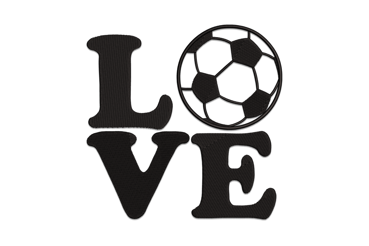 Love Soccer single-colour embroidery design with bold sport typography and hexagon soccer ball accent on white cotton fabric.