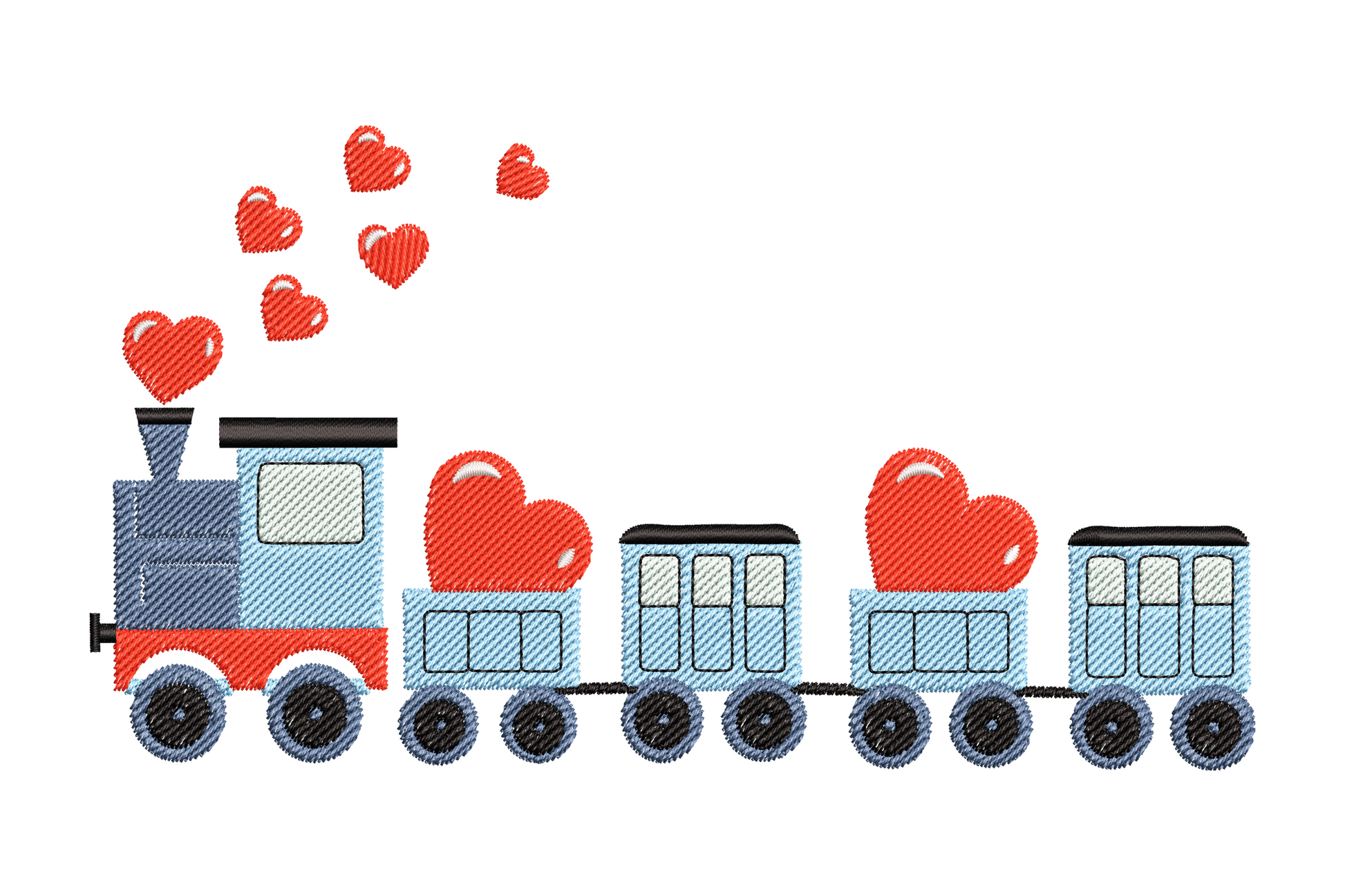 Cartoon love train with heart motifs six colour wide horizontal composition, chunky locomotive and carriage, kids embroidery design
