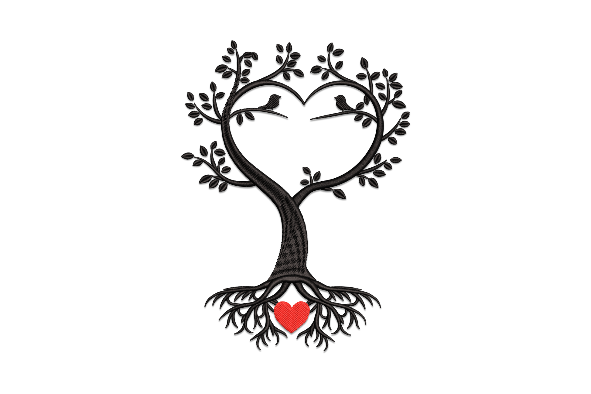 Embroidery design of two birds on a bare tree with heart accents in branches, romantic valentine in dark and red