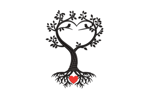 Embroidery design of two birds on a bare tree with heart accents in branches, romantic valentine in dark and red