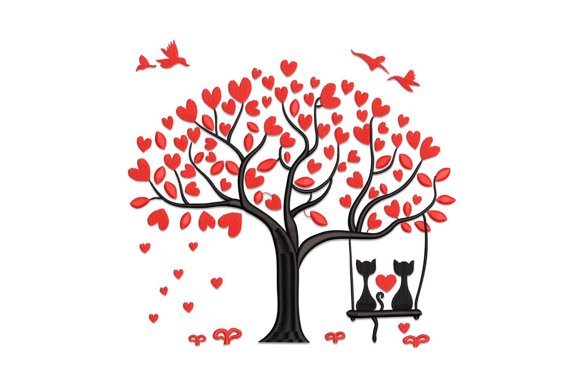 Machine embroidery design of a tree with red heart-shaped leaves, two black cat silhouettes sitting on a swing, and small birds in the branches