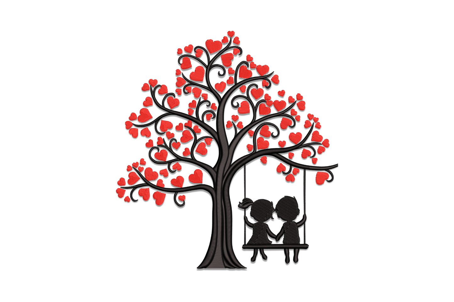 Love tree with swing embroidery design, heart-shaped canopy in red and brown branches, 5 sizes whimsical valentine pattern