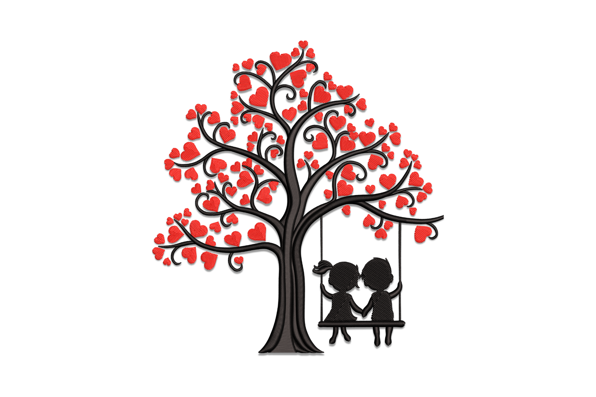 Love tree with swing embroidery design, heart-shaped canopy in red and brown branches, 5 sizes whimsical valentine pattern
