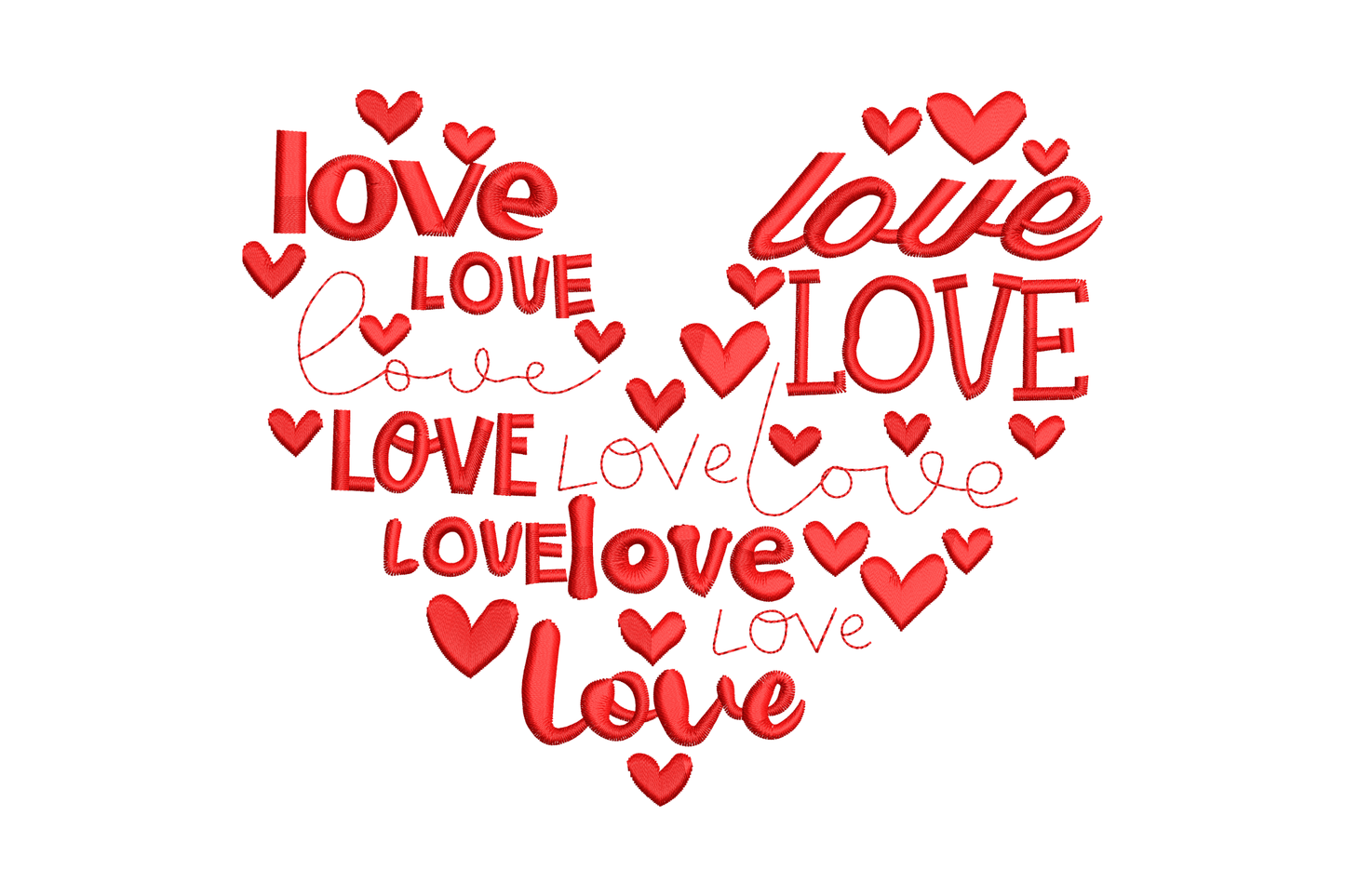 Love typography heart embroidery design - heart shape made of love words in mixed fonts in red thread, 4 sizes