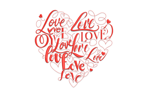 Love word art heart machine embroidery, heart shape formed from the word LOVE repeated, single colour, 5 sizes 3.49 to 7.47 inches