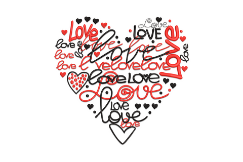 Word art heart embroidery, heart filled with love words in varied fonts, red satin at 789 density, 2 colours.