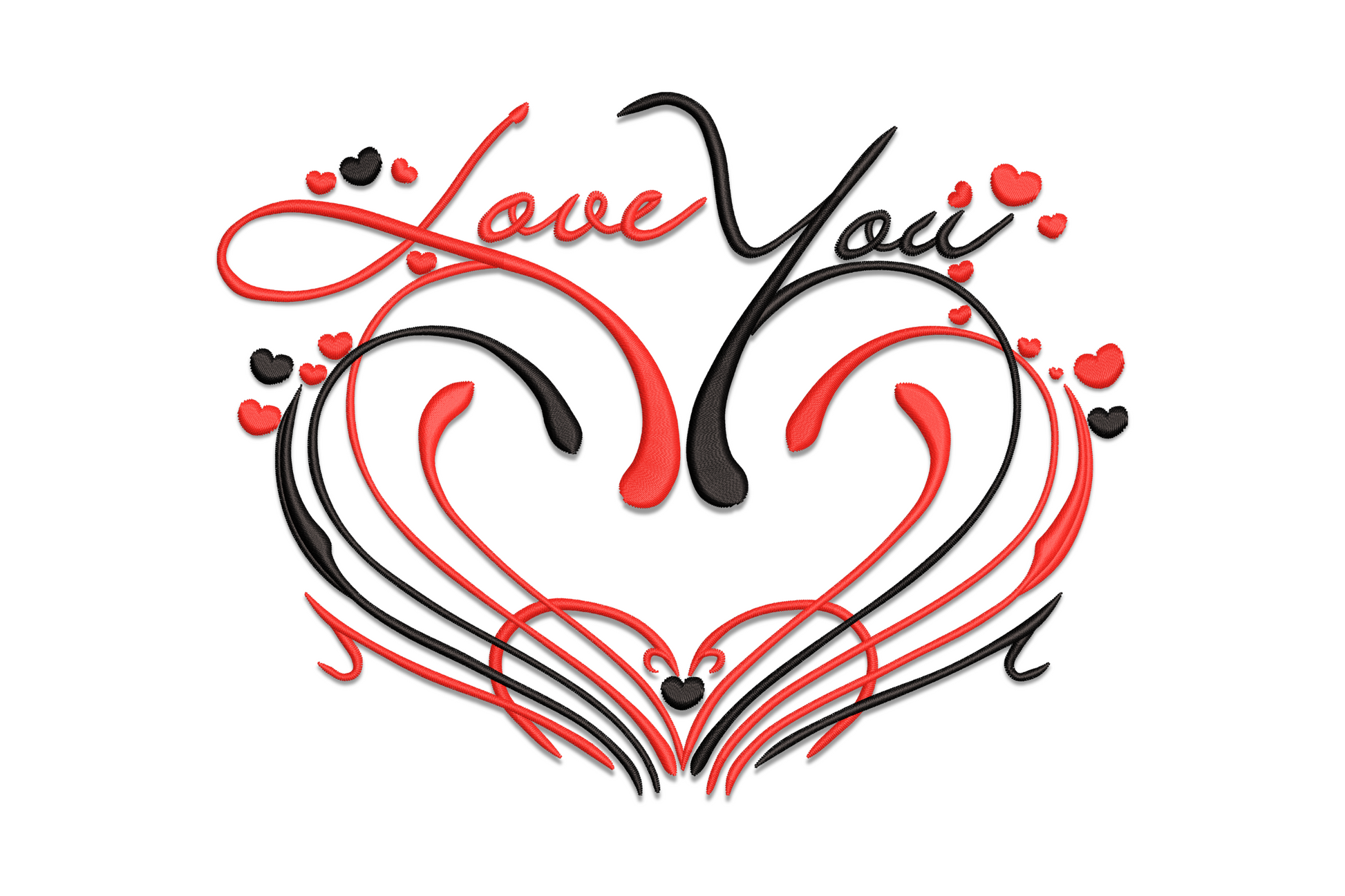 Love You embroidery, red cursive above black mirrored flourishes forming a heart, small scattered hearts in red and black.