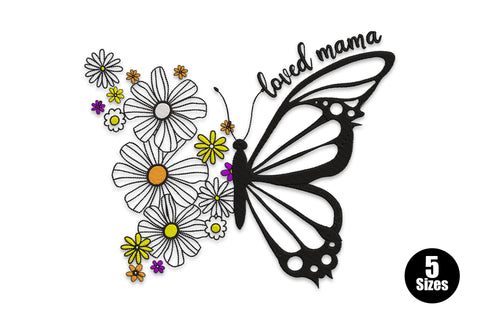 Loved mama floral butterfly embroidery with solid black monarch wing, daisy bouquet, and handwriting script