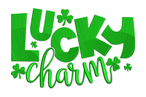 Lucky charm shamrock lettering embroidery design, single colour text with shamrock accents, 5 sizes for St. Patricks Day shirts and bags