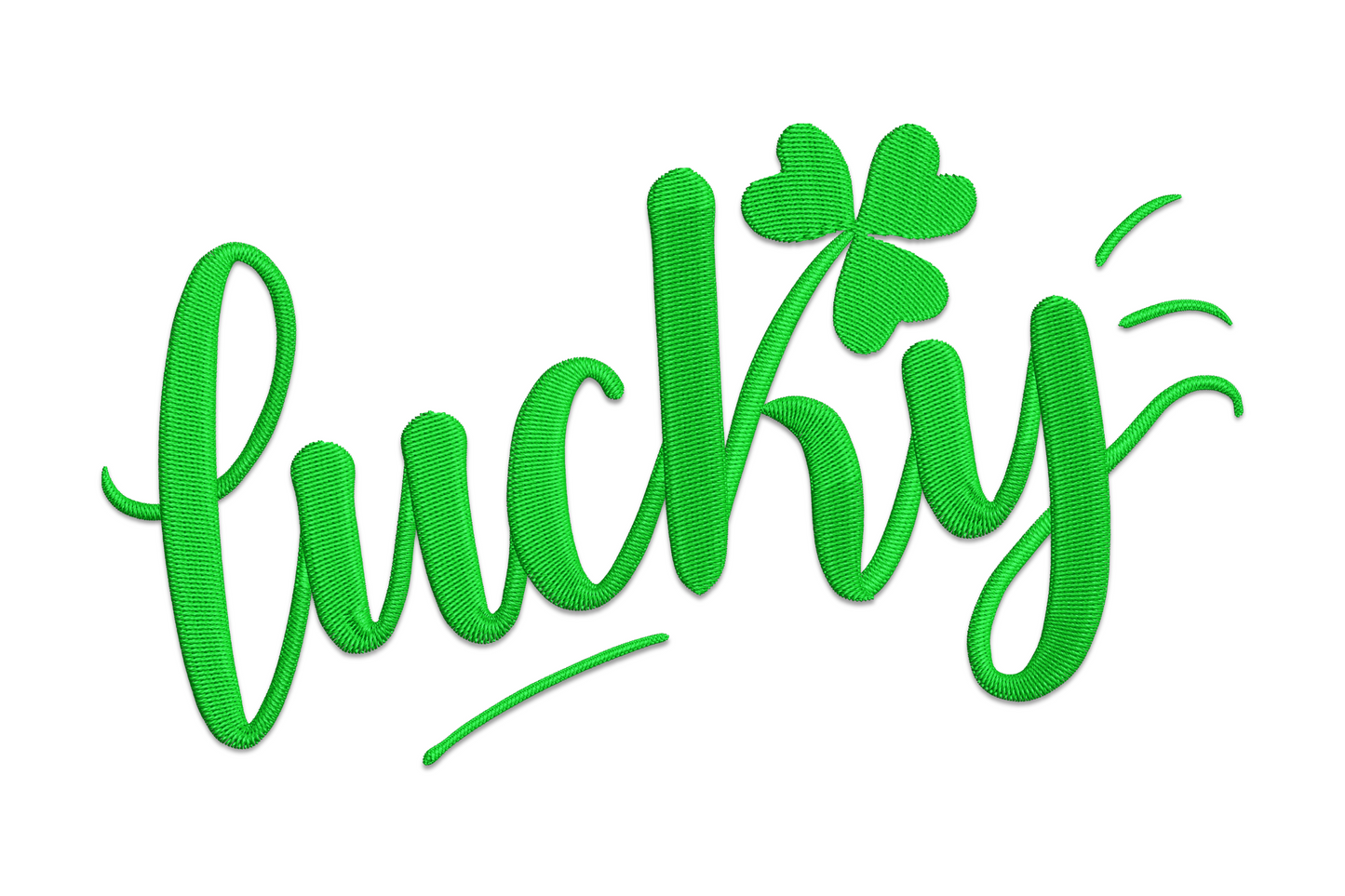 Lucky clover script embroidery design in green cursive lettering with a four-leaf shamrock on the letter i.