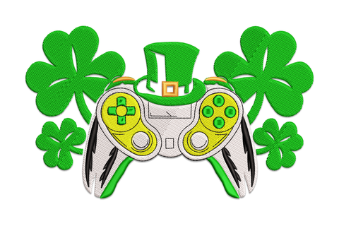 Game controller embroidery with green shamrock leaves and Irish St Patricks Day details in white and green.
