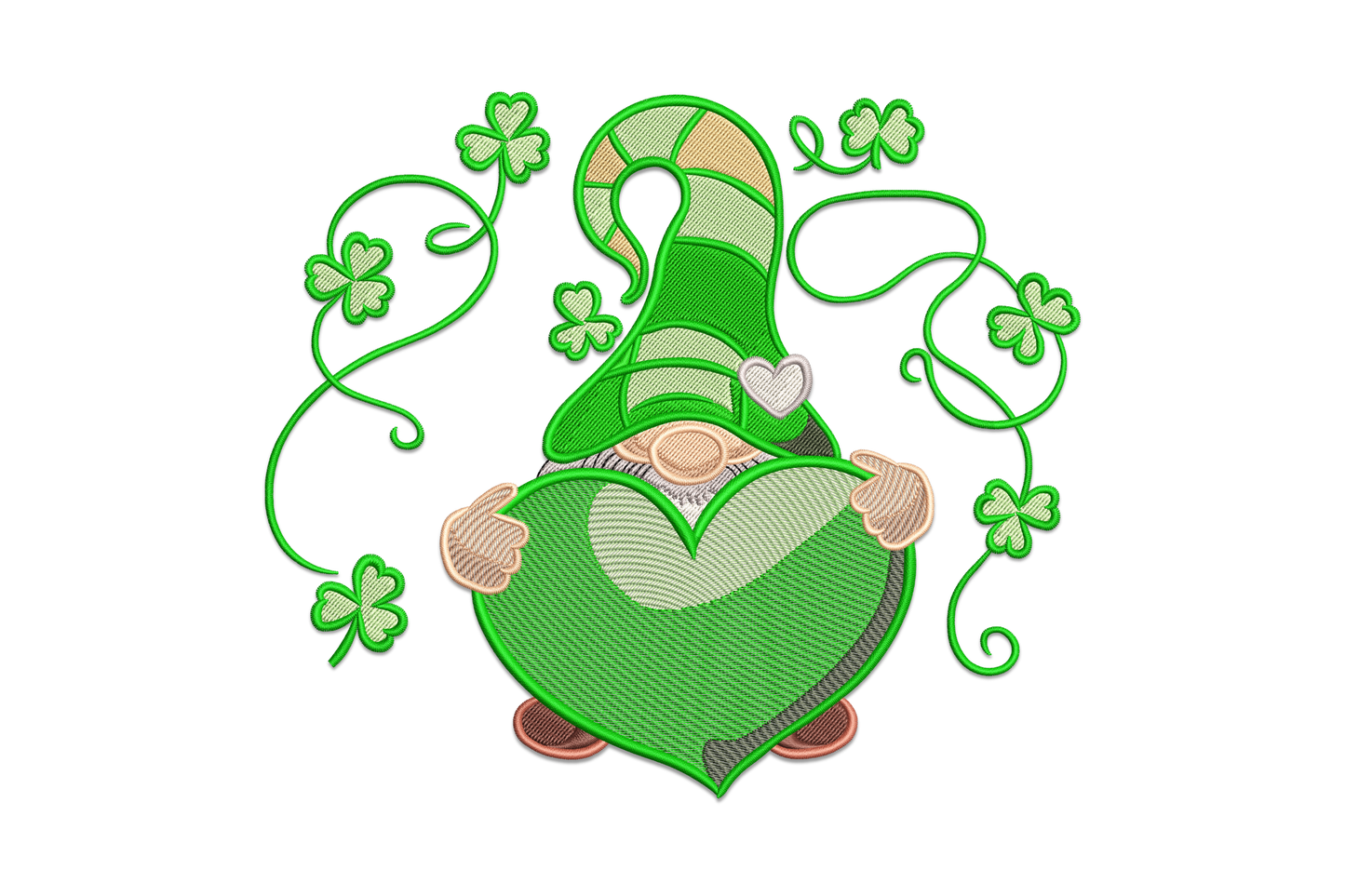 Lucky gnome with heart embroidery design showing a round gnome in a kelly green hat holding a red heart, with cream beard, peach face and brown shoes.
