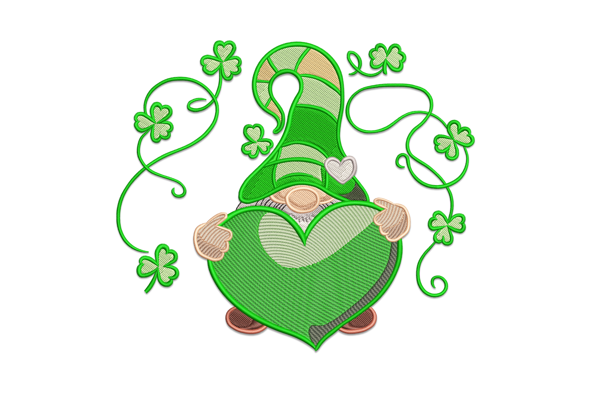 Lucky gnome with heart embroidery design showing a round gnome in a kelly green hat holding a red heart, with cream beard, peach face and brown shoes.