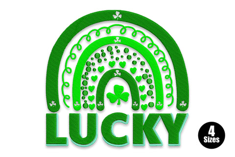 Lucky rainbow shamrock embroidery design with dark and lime green arch, scattered hearts and shamrocks, LUCKY text in bold with turquoise outline, 3 thread colours.