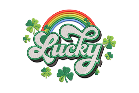 Shamrock embroidery with rainbow-banded leaves in red orange yellow green blue violet and solid green stem on white fabric