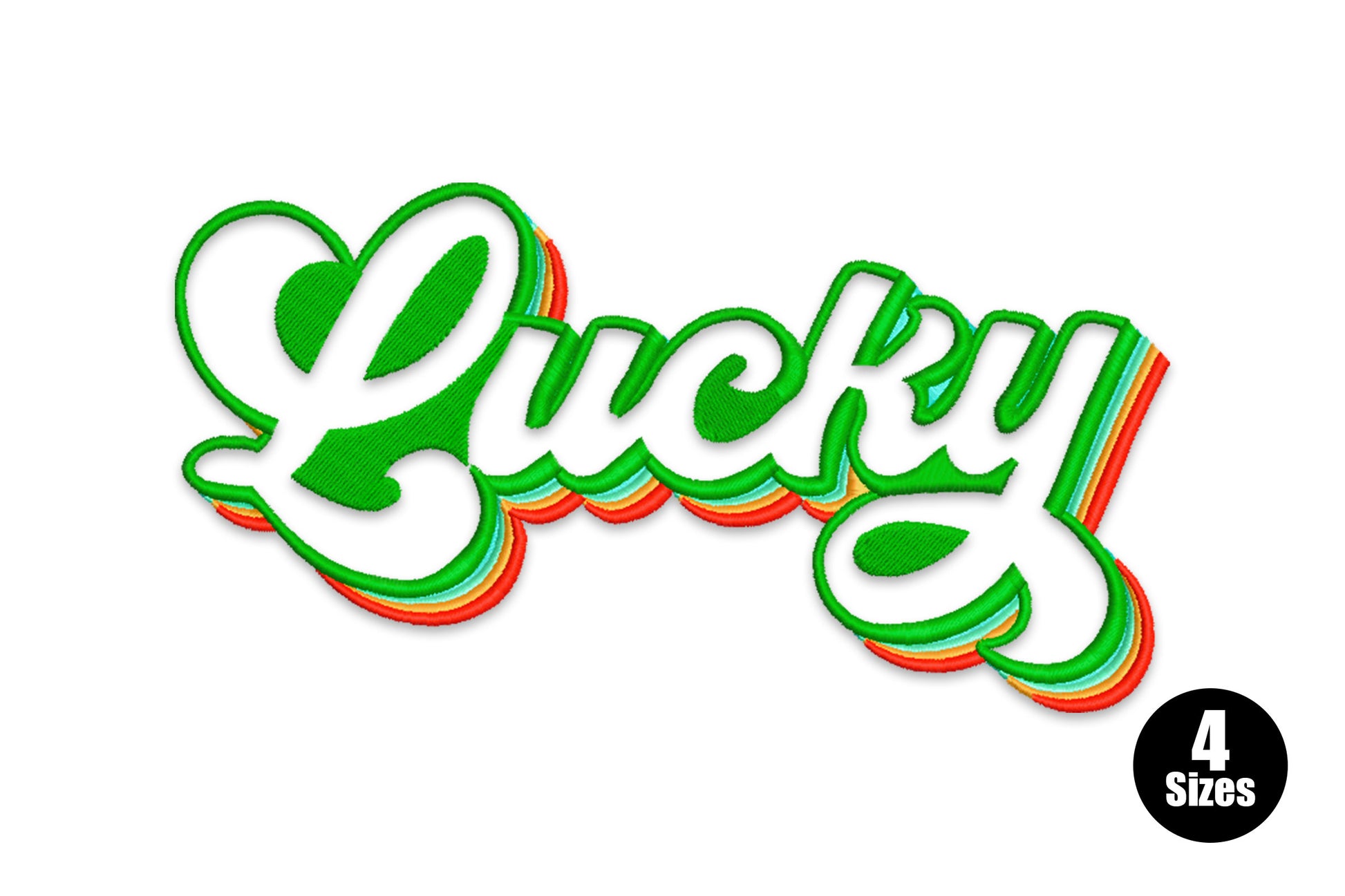 Lucky script embroidery in retro bold cursive with a layered five-colour shadow effect in dark green, red, orange, turquoise and aqua.