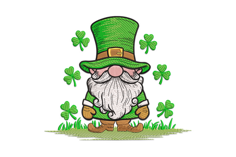 Lucky shamrock gnome embroidery design, round cartoon gnome with pointed green hat holding a three-leaf shamrock, 5 sizes for St. Patrick's Day projects