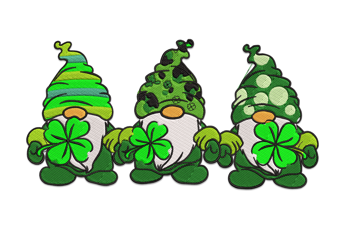 Three gnomes in striped, spotted and polka-dot green hats each holding a four-leaf clover.