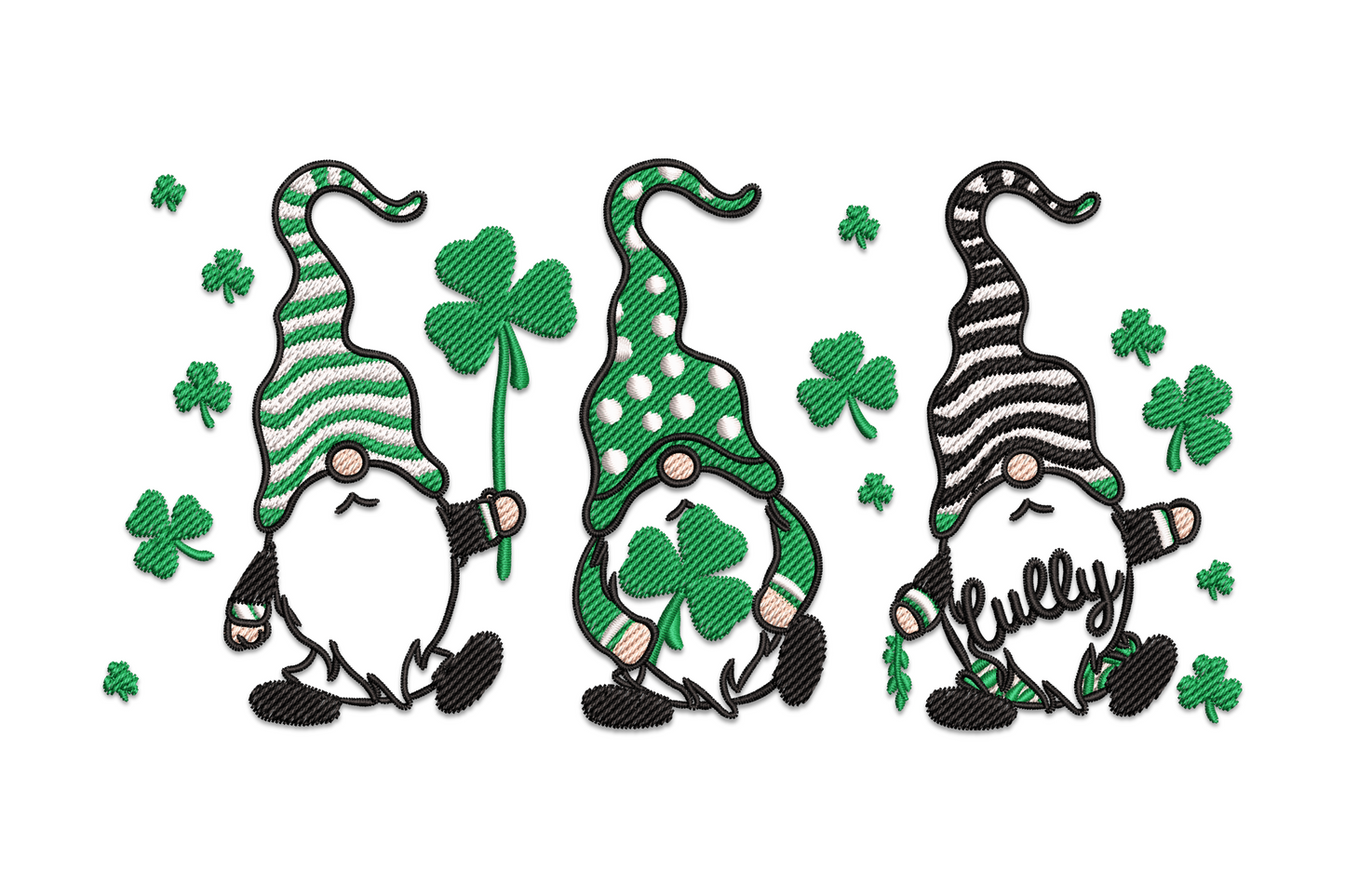 Three irish gnomes embroidery with green shamrock hats, white beards and peach noses, st patricks day trio design
