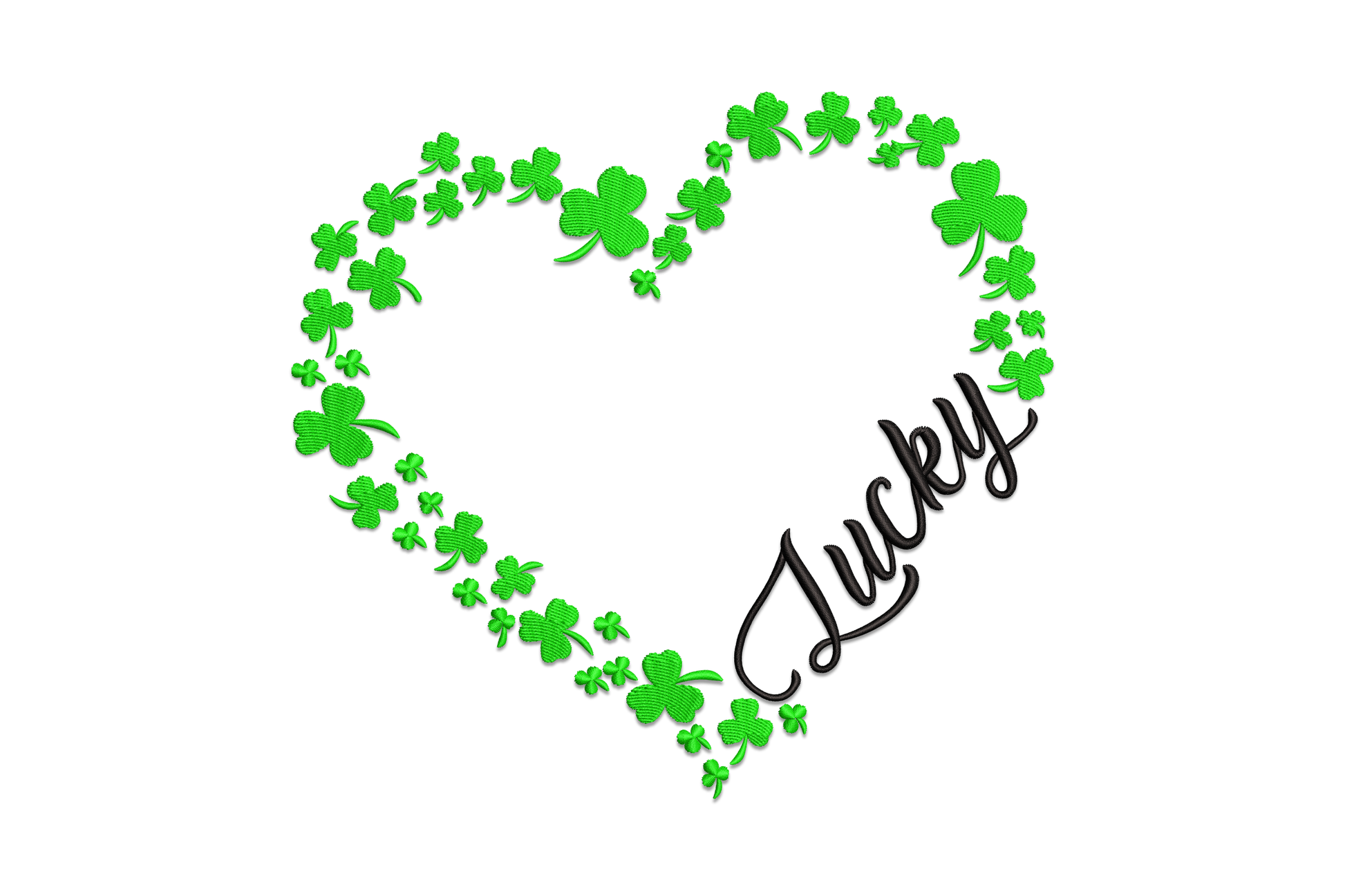 Lucky shamrock heart frame embroidery, kelly green clover clusters packed into a heart border with open center, black Lucky cursive script inside the lower right.