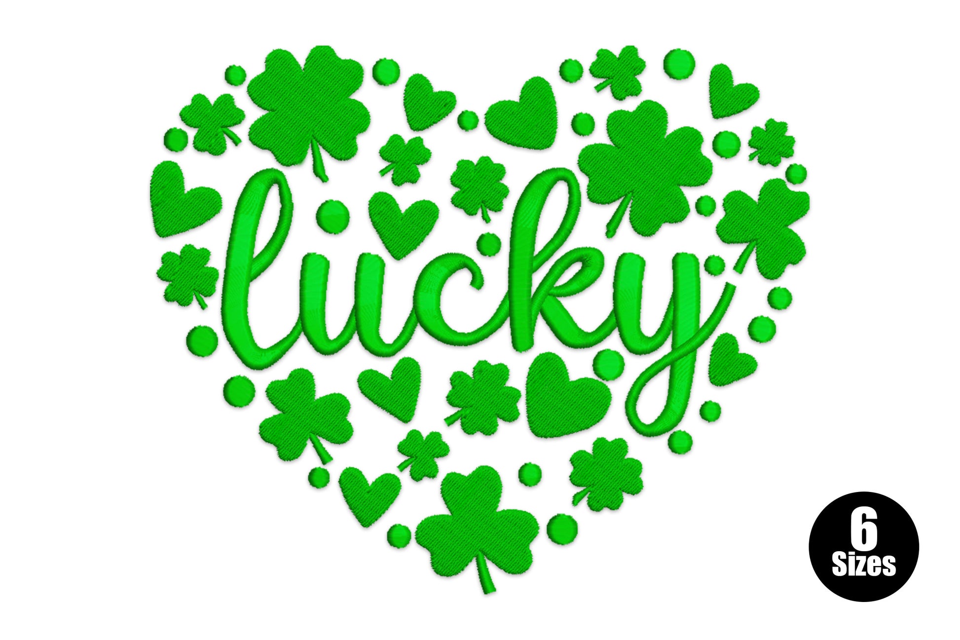 Lucky shamrock heart embroidery design, heart built from shamrock leaves in 5 green thread colours, St Patricks Day