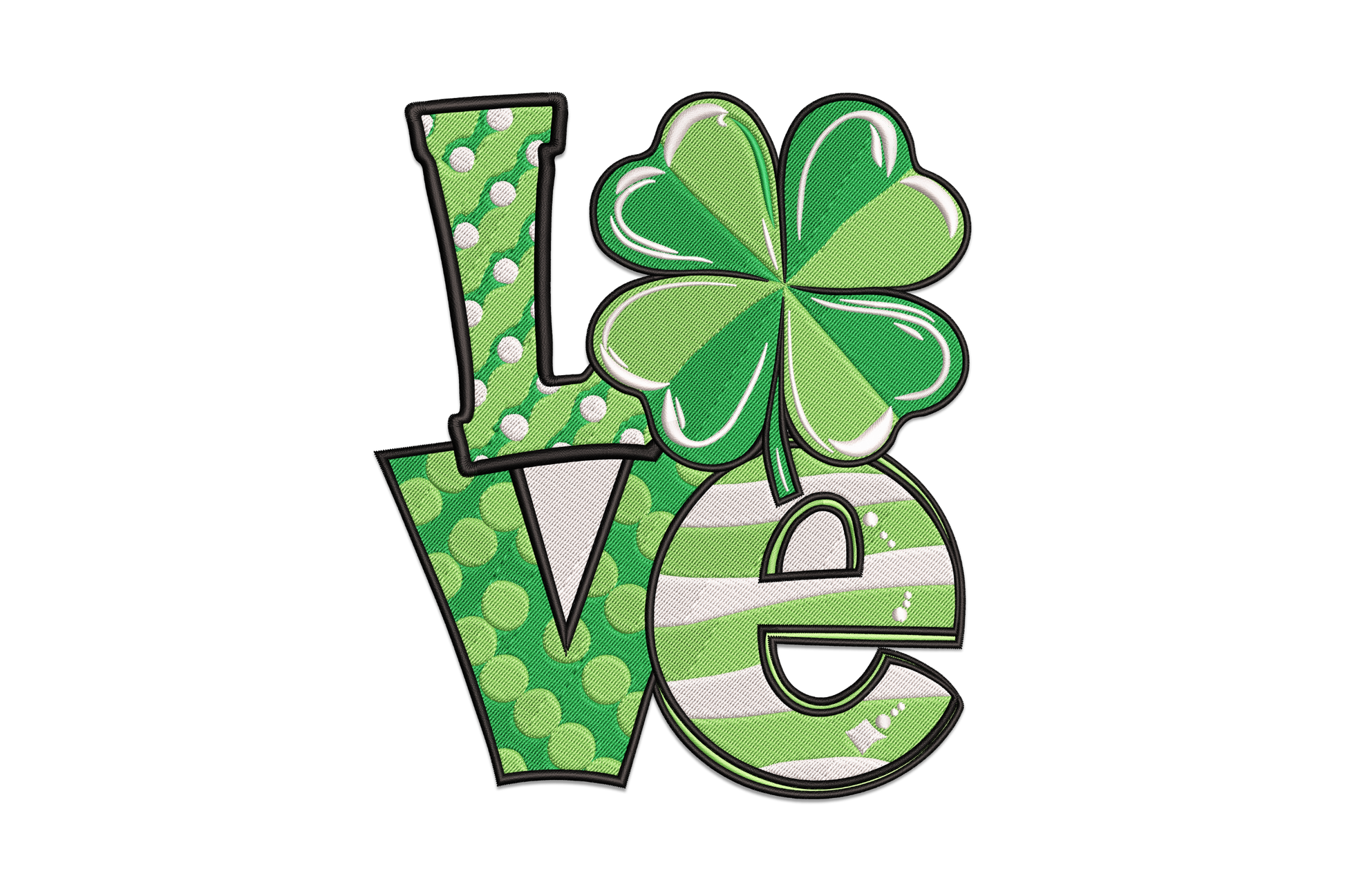 Lucky shamrock love embroidery design, four heart-tipped kelly green leaves with red Love script in the center.