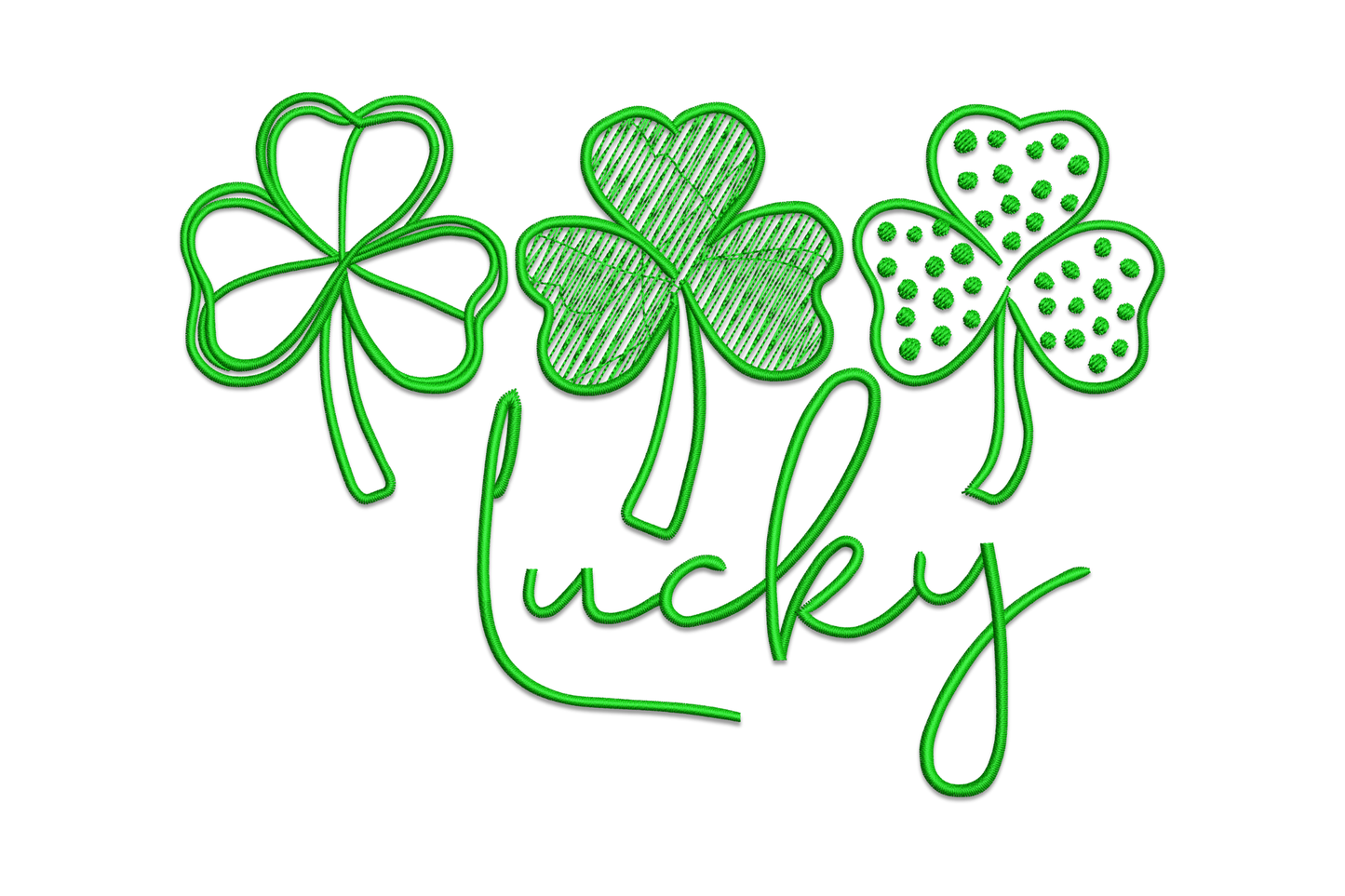 Three shamrock leaves, satin-stitched edges, classic trio layout, single colour Irish St Patricks embroidery.
