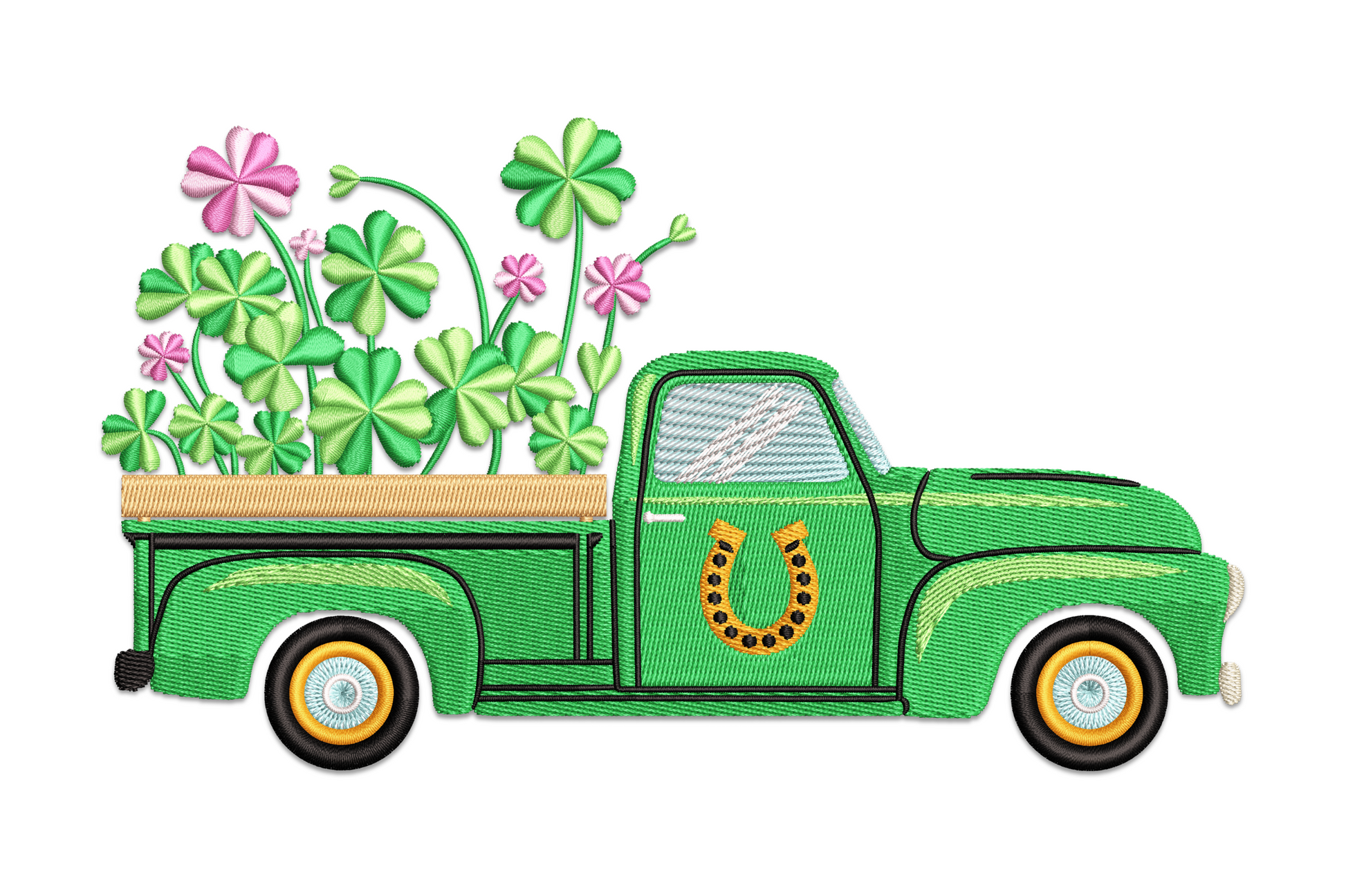 Lucky shamrock truck embroidery design, vintage pickup truck loaded with shamrock clovers, 5 sizes for St. Patricks Day shirts and bags