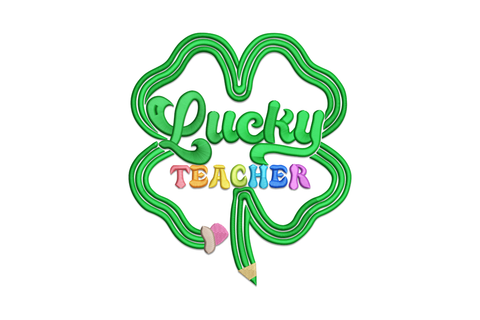 Lucky teacher shamrock embroidery design, apple, pencil and book details in kelly green, red and yellow with black outlines.