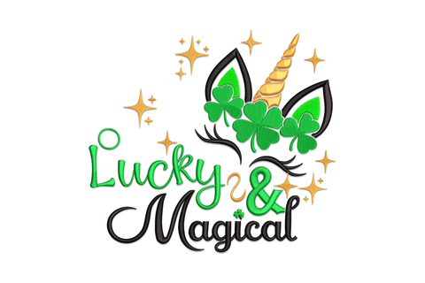 Lucky unicorn embroidery design with white satin body, rainbow stripe mane and a green shamrock at the gold spiral horn tip.