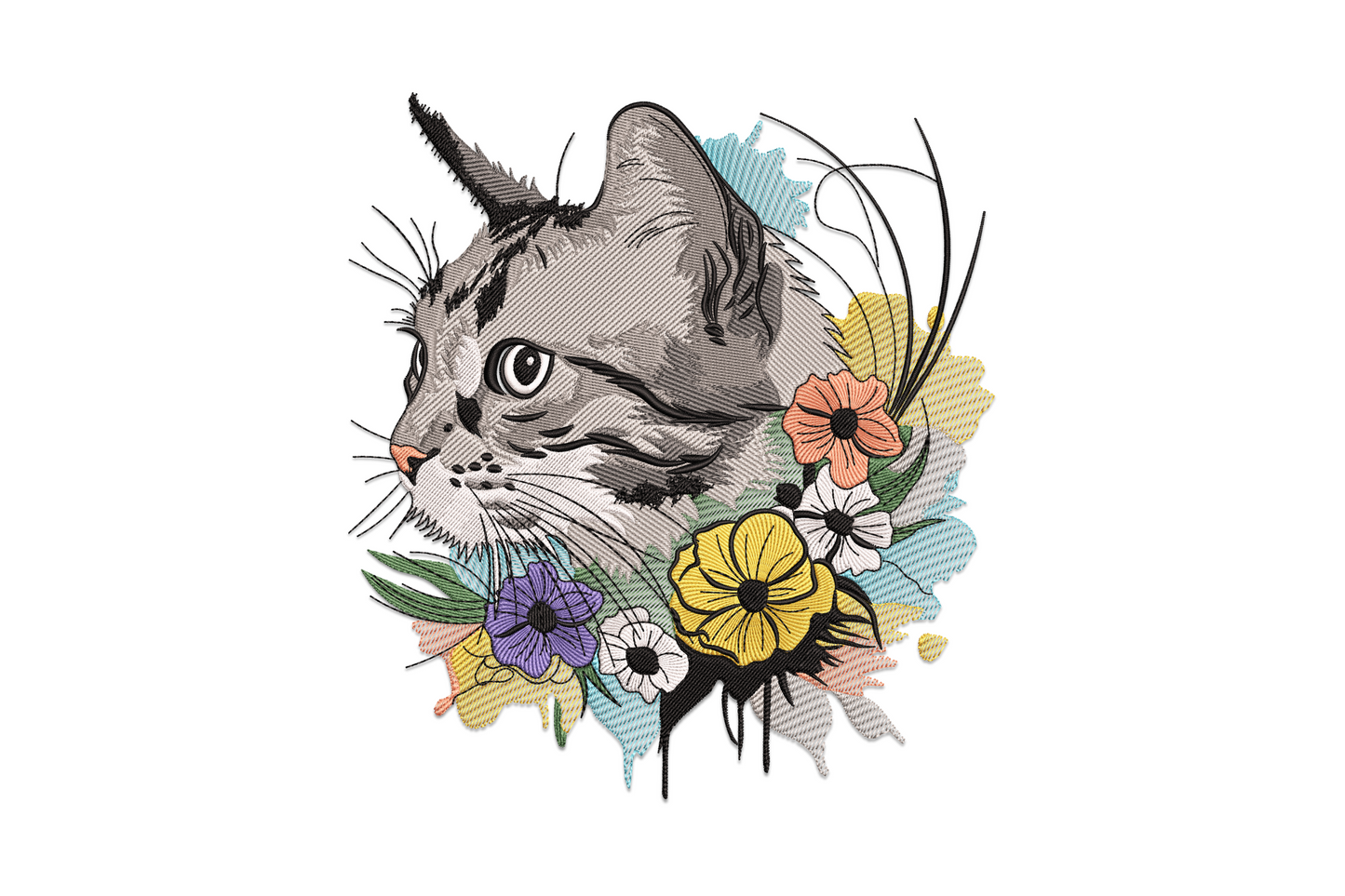 Lynx cat with floral bouquet embroidery, forward-facing wildcat portrait with ear tufts, roses and flowers at chest, 10 colours detailed realistic style