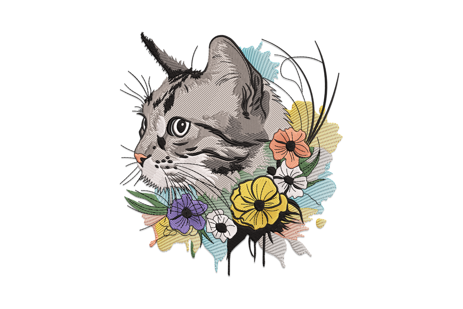 Lynx cat with floral bouquet embroidery, forward-facing wildcat portrait with ear tufts, roses and flowers at chest, 10 colours detailed realistic style