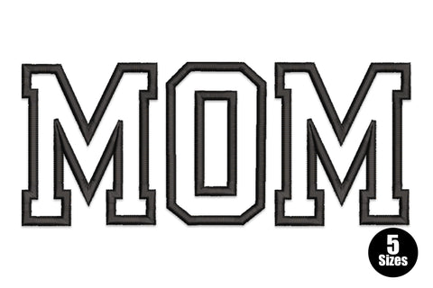 Bold varsity-style MOM embroidery design, three chunky block capitals with white fill and dark double satin outline, 5 sizes