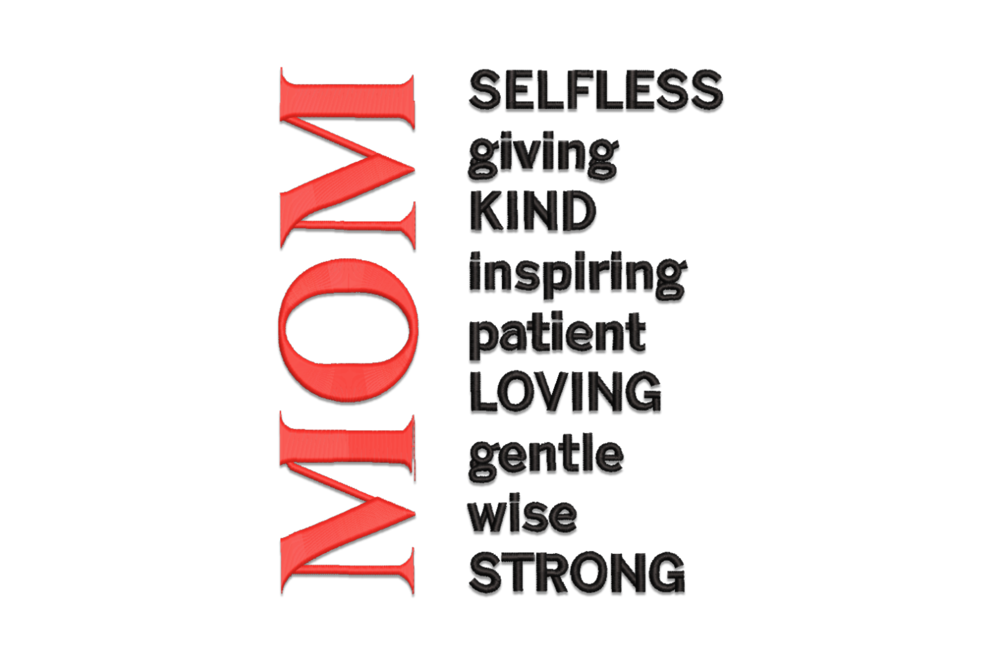 MOM word art embroidery design with decorative satin-fill lettering and two-colour accent for mothers.