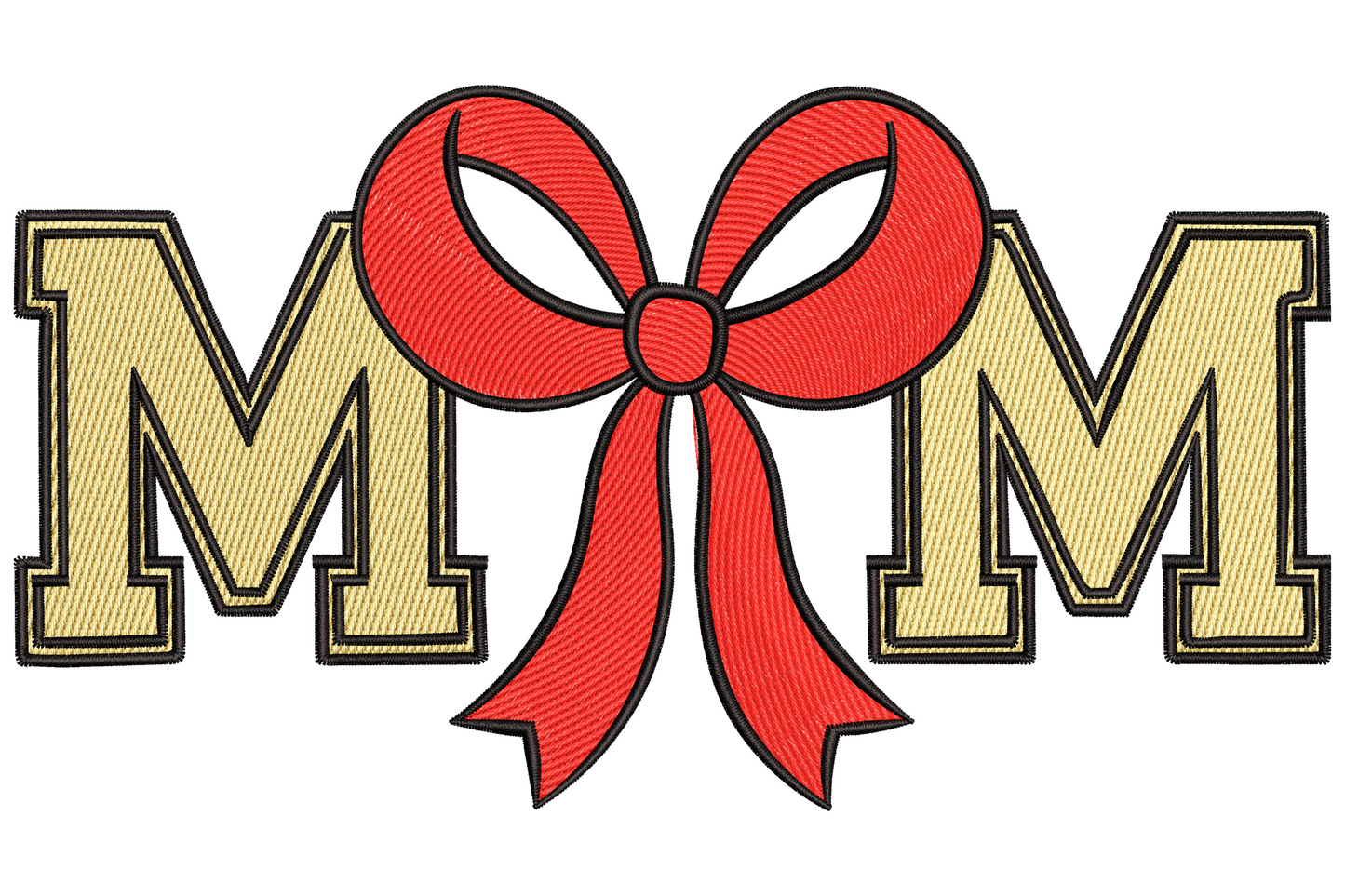 MOM embroidery design with red satin bow replacing the centre O, block varsity letters in tan and black outline.