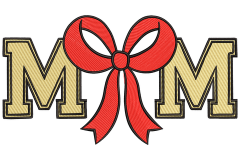 MOM embroidery design with red satin bow replacing the centre O, block varsity letters in tan and black outline.