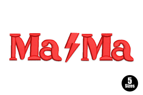 Ma lightning bolt embroidery, bold block ma text with angular bolt symbol, 5 sizes 0.48 to 1.43 inches wide