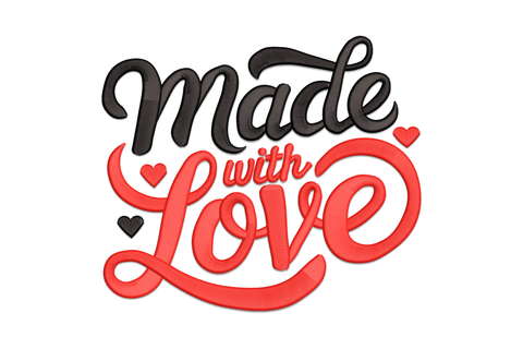 Made with love valentine embroidery design, mixed typography with block text and flowing love script, small heart accent, 2 colours