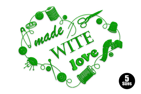 Sewing tools heart embroidery design with thread spools, scissors, safety pins and buttons arranged around made with love text in dark green.