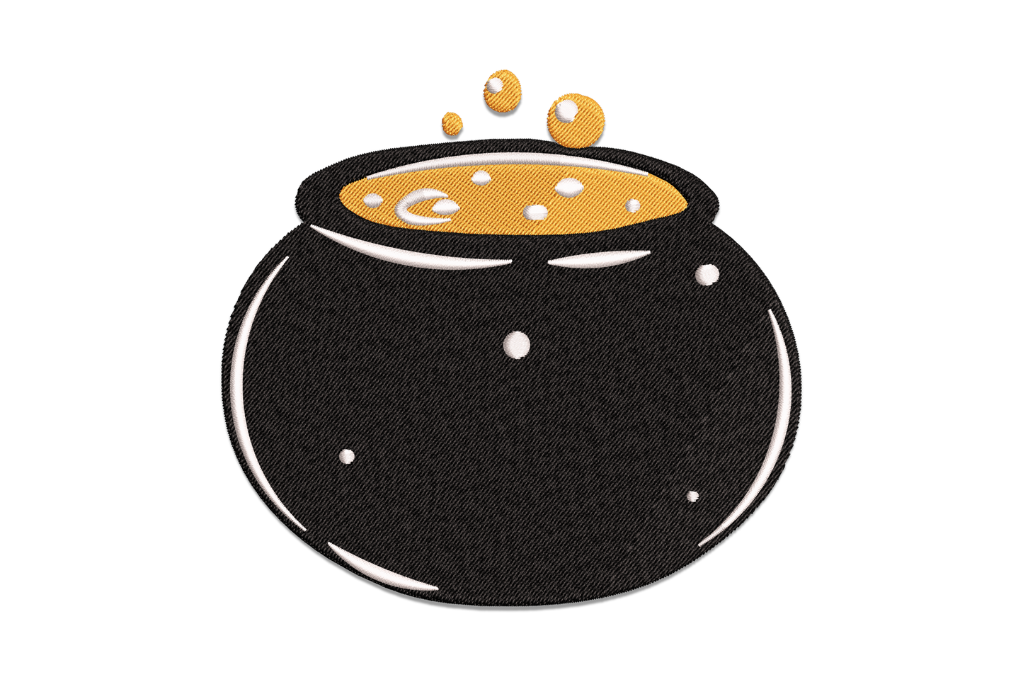Machine embroidery design of a round black bubbling witch cauldron with amber gold potion and floating white bubble orbs