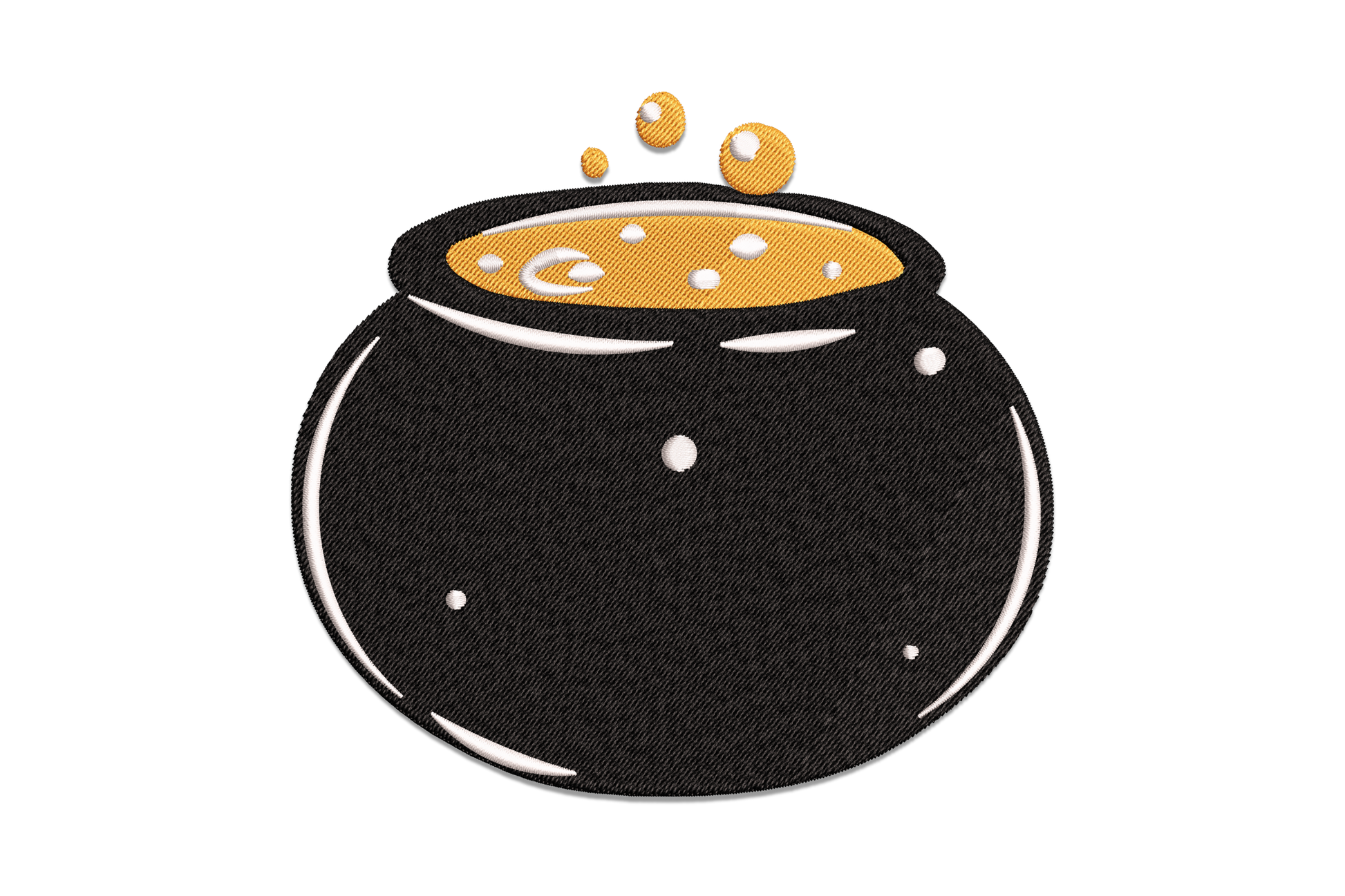 Machine embroidery design of a round black bubbling witch cauldron with amber gold potion and floating white bubble orbs