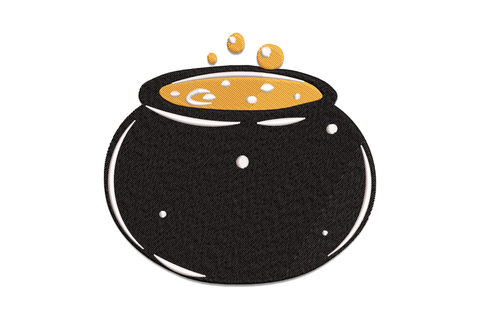 Machine embroidery design of a round black bubbling witch cauldron with amber gold potion and floating white bubble orbs