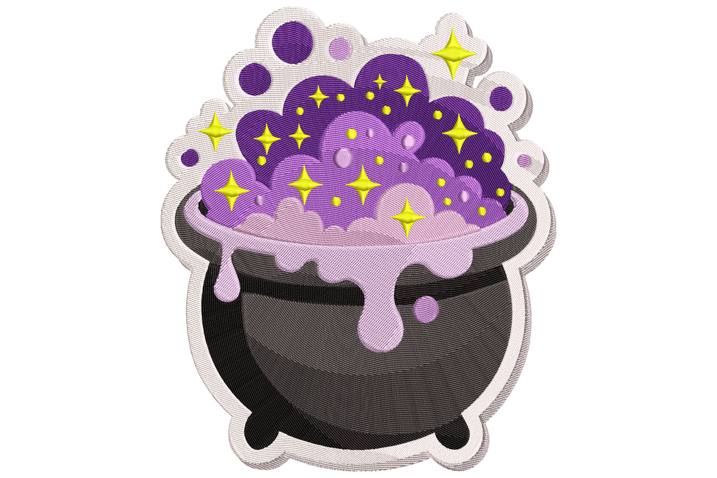 Magic potion cauldron halloween embroidery design with bubbling green and purple overflow, deep black cauldron body, star accents, 10 thread colours, 2.98 by 3.5 inches portrait.