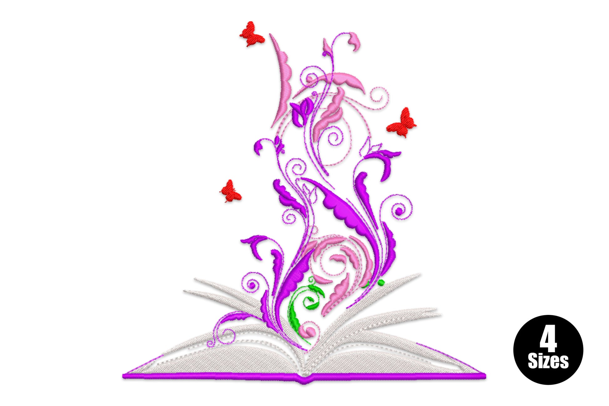 Magical book blossom embroidery design with open grey book, purple floral vine, pink scrolls, and red butterfly accents.