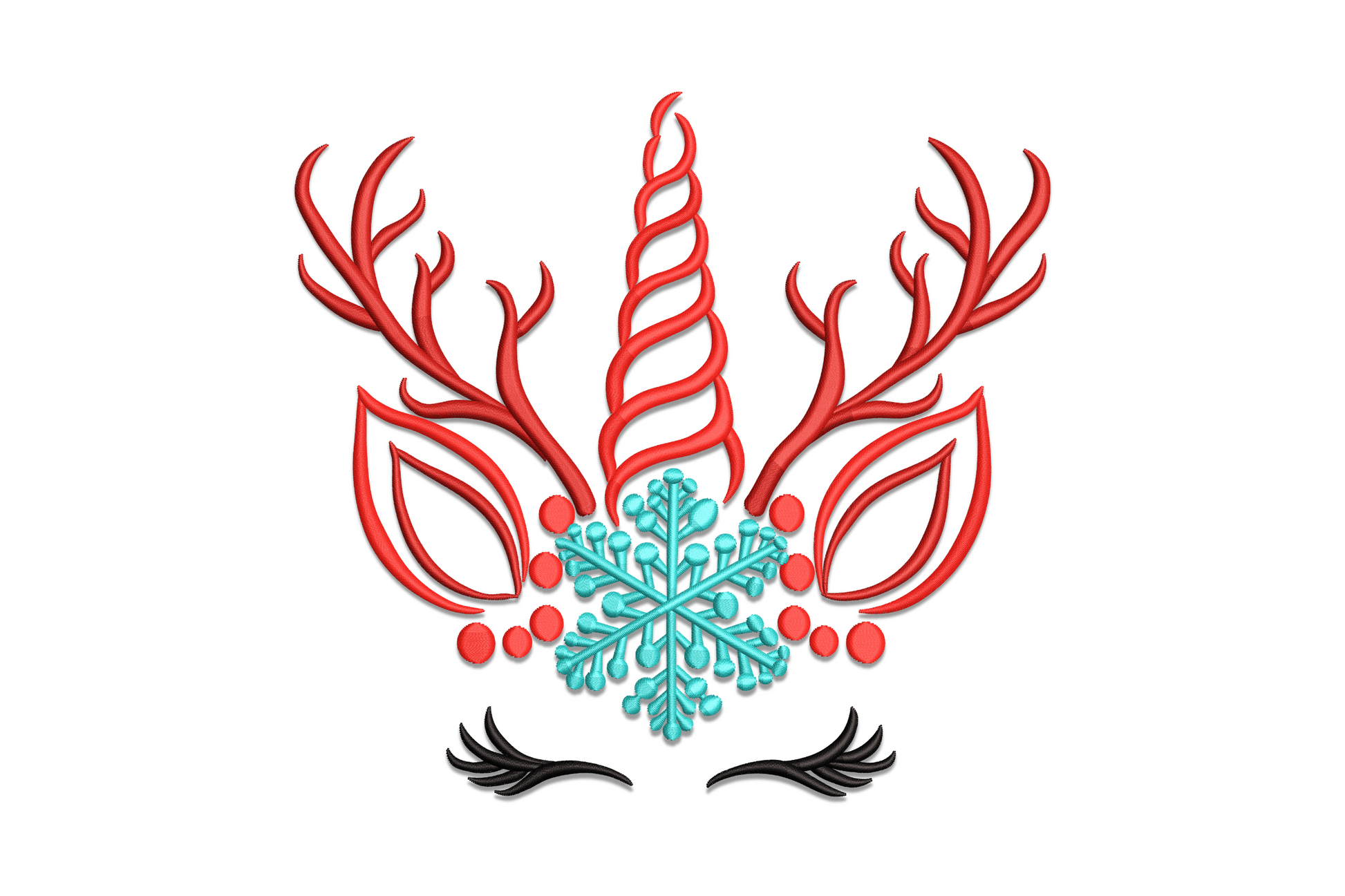 Reindeer unicorn face embroidery design with golden horn, brown antlers, warm tan face, and soft rosy cheeks.